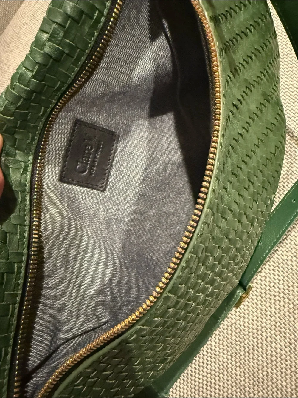 Woven Green Leather Crossbody Bag with Front Zip - Women